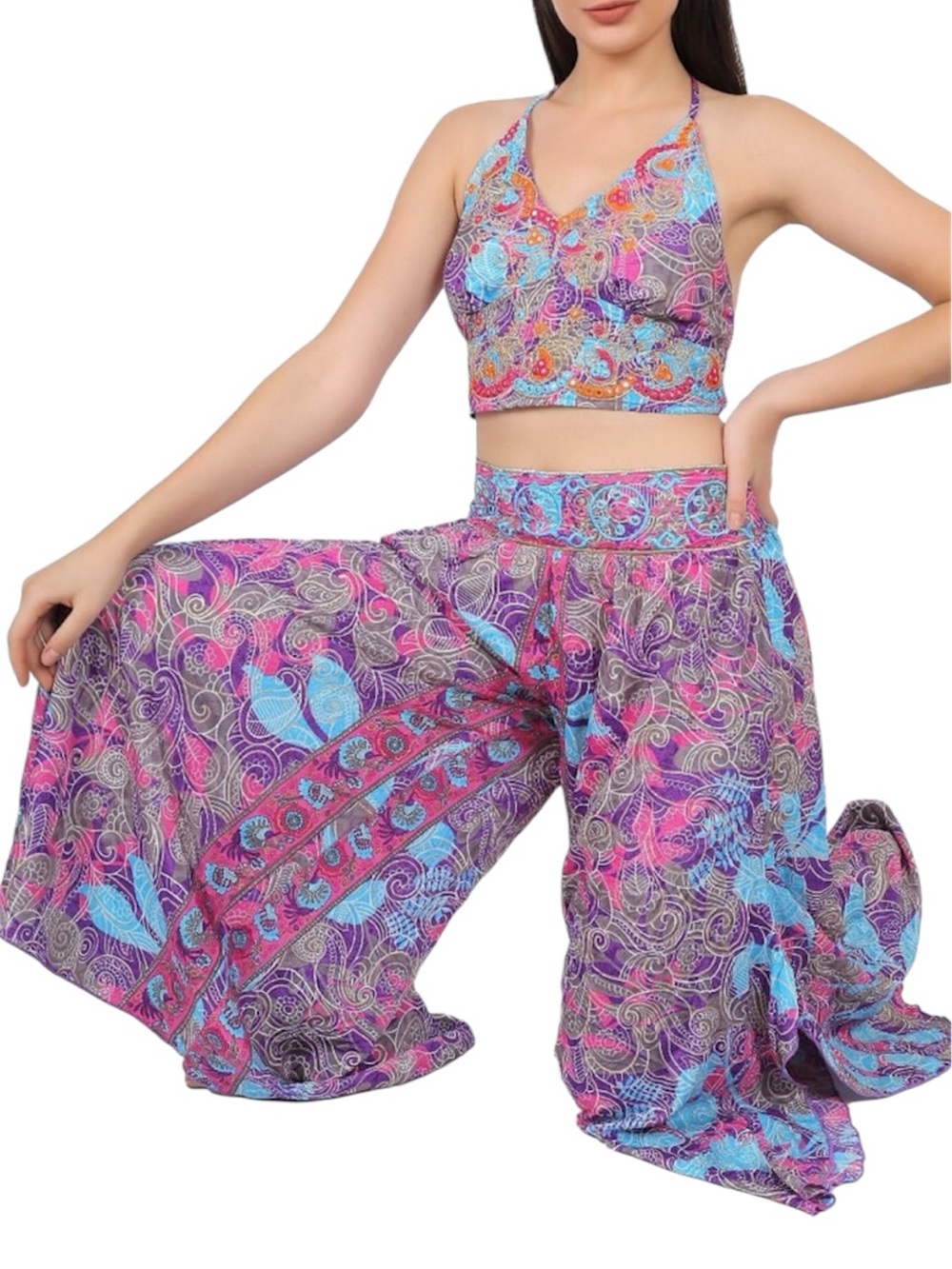 Boho 2-Piece 70% Silk Paisley Halter Top Palazzo Pants One Size